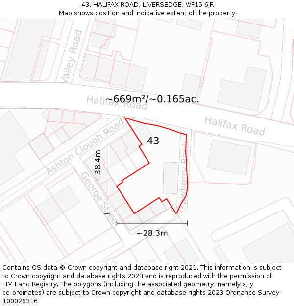 43, HALIFAX ROAD, LIVERSEDGE, WF15 6JR: Plot and title map