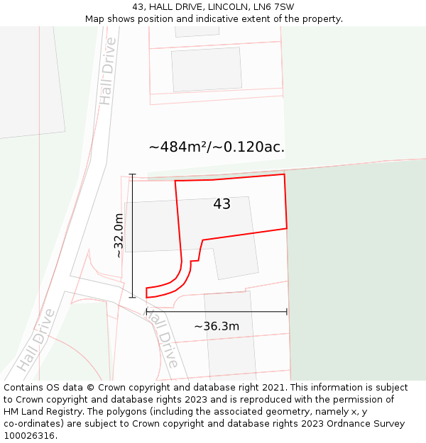 43, HALL DRIVE, LINCOLN, LN6 7SW: Plot and title map