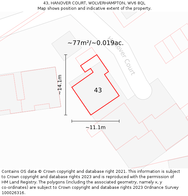 43, HANOVER COURT, WOLVERHAMPTON, WV6 8QL: Plot and title map