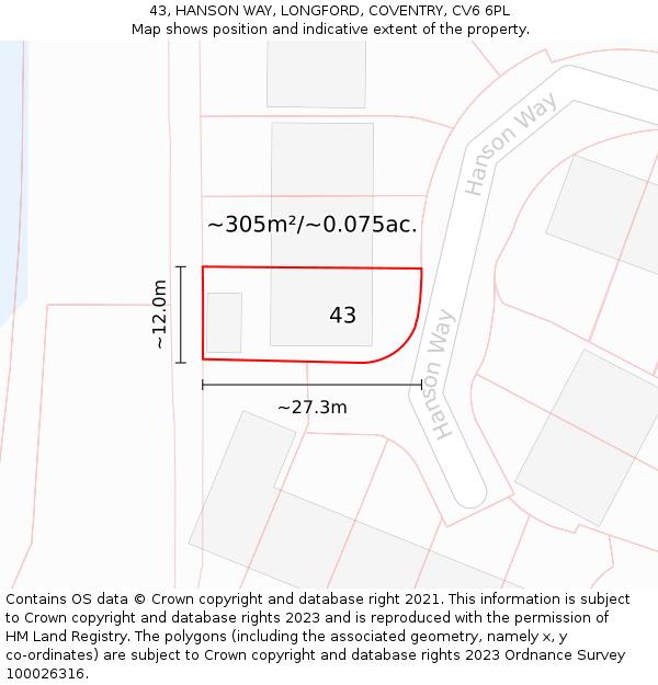 43, HANSON WAY, LONGFORD, COVENTRY, CV6 6PL: Plot and title map