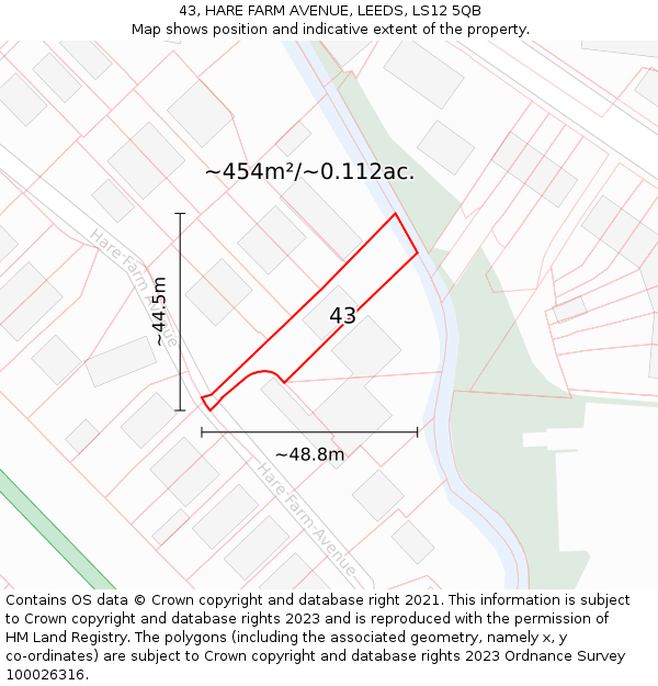 43, HARE FARM AVENUE, LEEDS, LS12 5QB: Plot and title map
