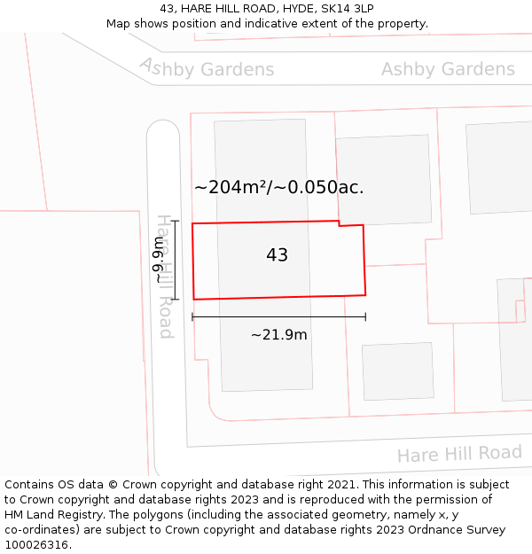 43, HARE HILL ROAD, HYDE, SK14 3LP: Plot and title map