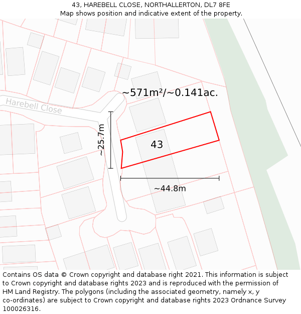 43, HAREBELL CLOSE, NORTHALLERTON, DL7 8FE: Plot and title map