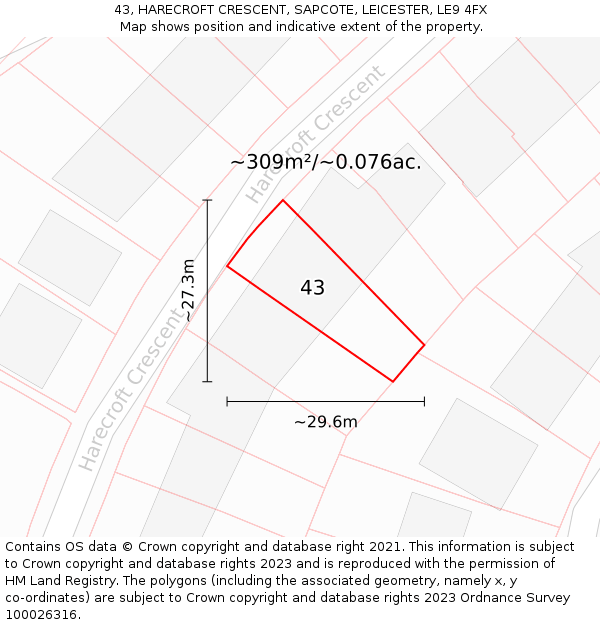 43, HARECROFT CRESCENT, SAPCOTE, LEICESTER, LE9 4FX: Plot and title map