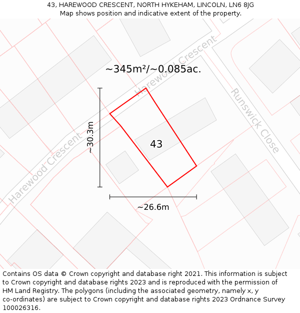 43, HAREWOOD CRESCENT, NORTH HYKEHAM, LINCOLN, LN6 8JG: Plot and title map