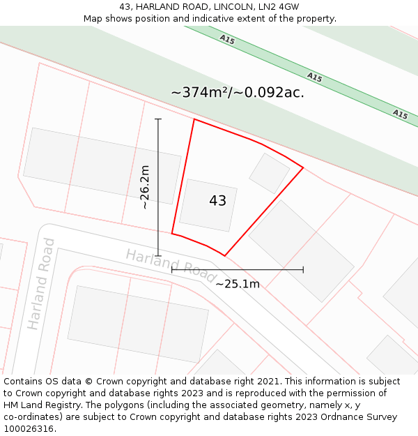 43, HARLAND ROAD, LINCOLN, LN2 4GW: Plot and title map