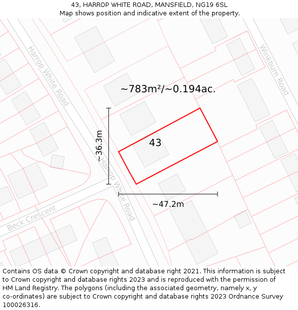 43, HARROP WHITE ROAD, MANSFIELD, NG19 6SL: Plot and title map