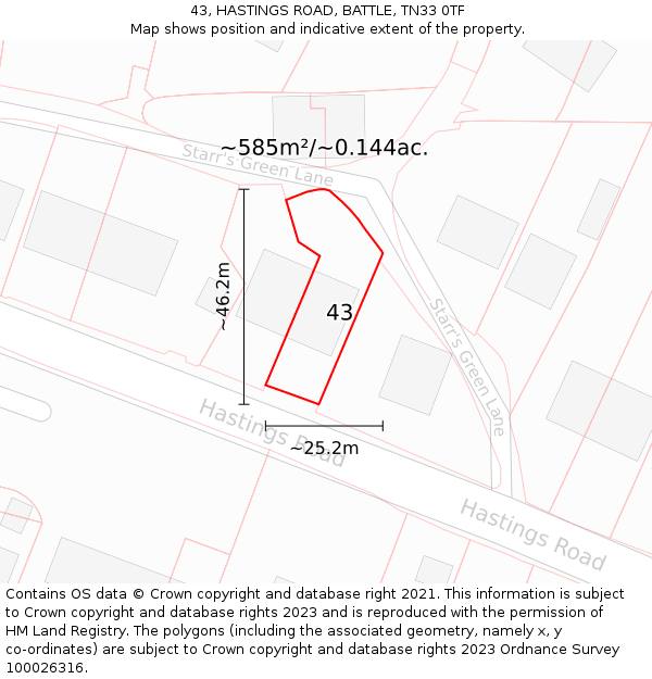 43, HASTINGS ROAD, BATTLE, TN33 0TF: Plot and title map