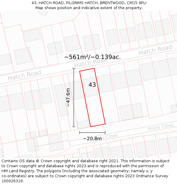 43, HATCH ROAD, PILGRIMS HATCH, BRENTWOOD, CM15 9PU: Plot and title map