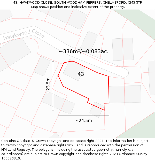 43, HAWKWOOD CLOSE, SOUTH WOODHAM FERRERS, CHELMSFORD, CM3 5TR: Plot and title map