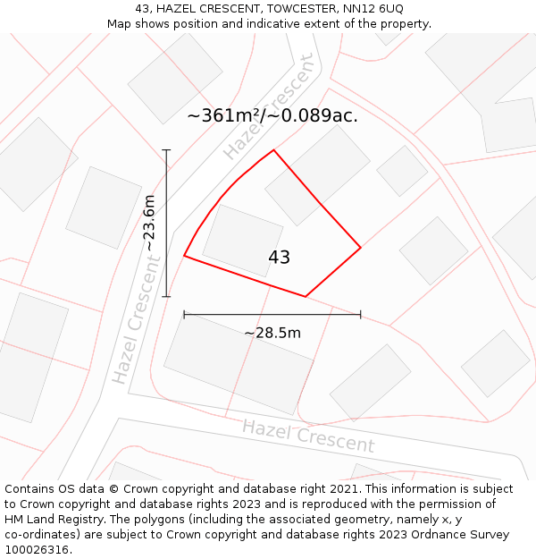 43, HAZEL CRESCENT, TOWCESTER, NN12 6UQ: Plot and title map
