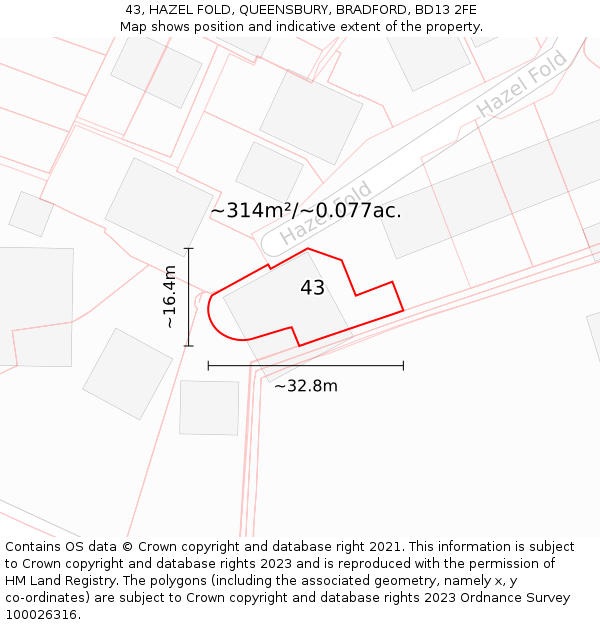 43, HAZEL FOLD, QUEENSBURY, BRADFORD, BD13 2FE: Plot and title map
