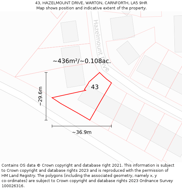 43, HAZELMOUNT DRIVE, WARTON, CARNFORTH, LA5 9HR: Plot and title map