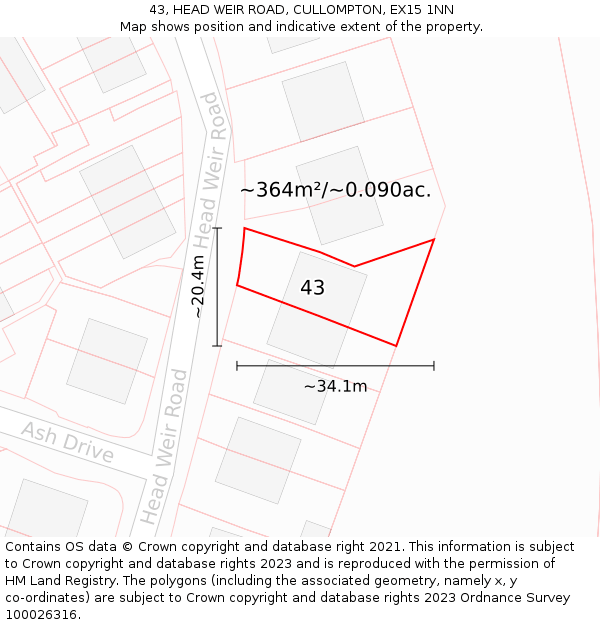43, HEAD WEIR ROAD, CULLOMPTON, EX15 1NN: Plot and title map