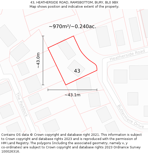 43, HEATHERSIDE ROAD, RAMSBOTTOM, BURY, BL0 9BX: Plot and title map