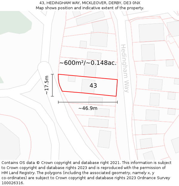 43, HEDINGHAM WAY, MICKLEOVER, DERBY, DE3 0NX: Plot and title map