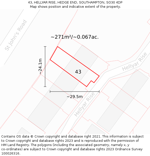 43, HELLYAR RISE, HEDGE END, SOUTHAMPTON, SO30 4DP: Plot and title map