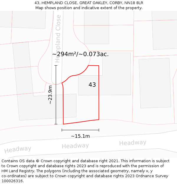 43, HEMPLAND CLOSE, GREAT OAKLEY, CORBY, NN18 8LR: Plot and title map