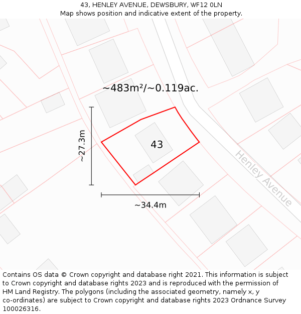 43, HENLEY AVENUE, DEWSBURY, WF12 0LN: Plot and title map