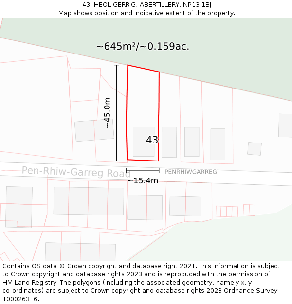 43, HEOL GERRIG, ABERTILLERY, NP13 1BJ: Plot and title map