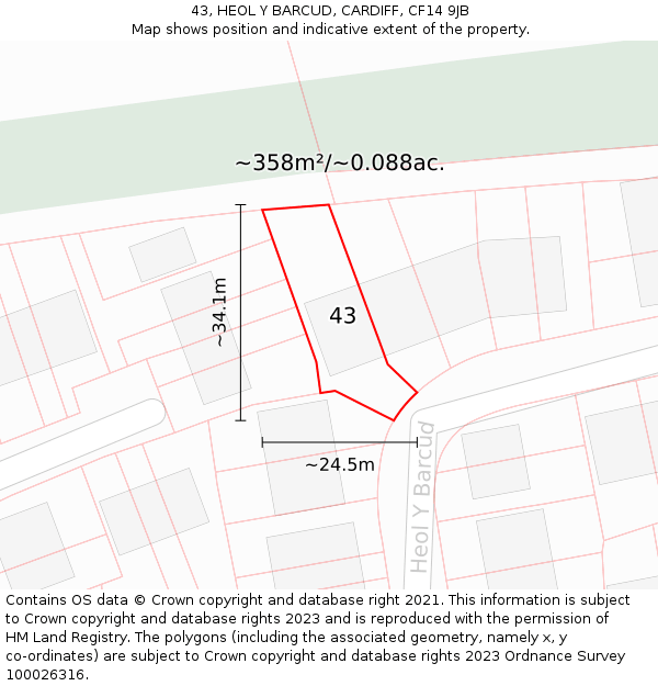 43, HEOL Y BARCUD, CARDIFF, CF14 9JB: Plot and title map