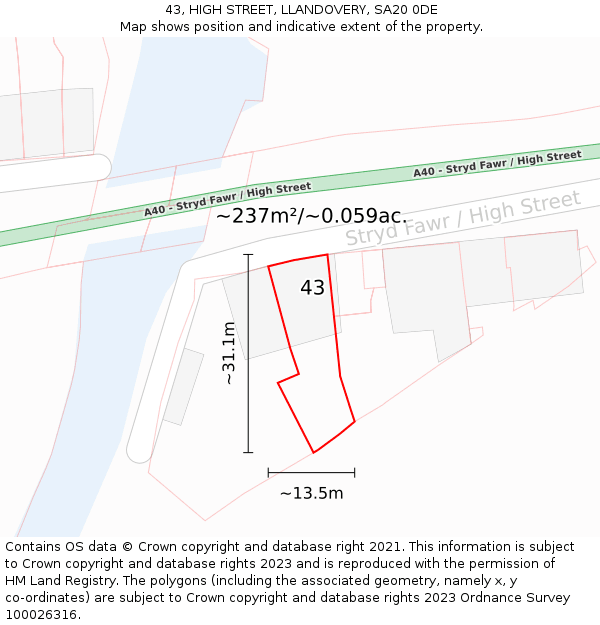 43, HIGH STREET, LLANDOVERY, SA20 0DE: Plot and title map