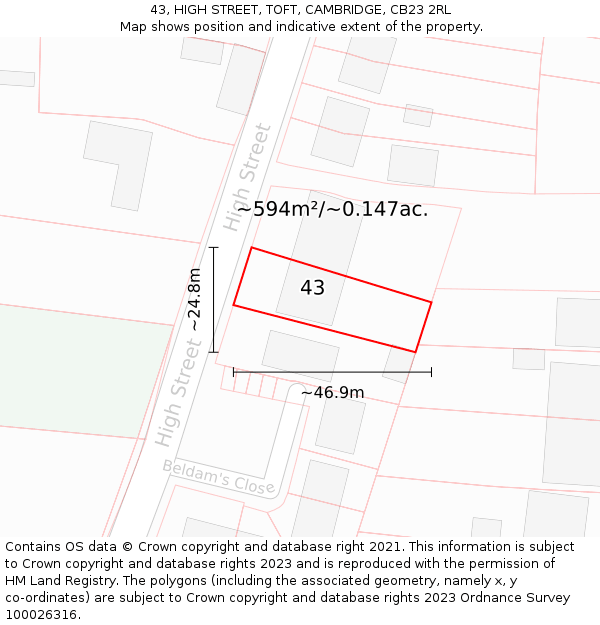 43, HIGH STREET, TOFT, CAMBRIDGE, CB23 2RL: Plot and title map