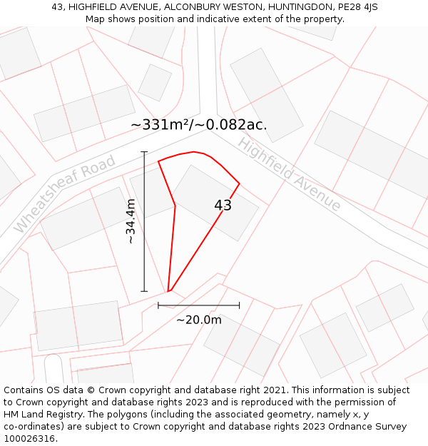43, HIGHFIELD AVENUE, ALCONBURY WESTON, HUNTINGDON, PE28 4JS: Plot and title map