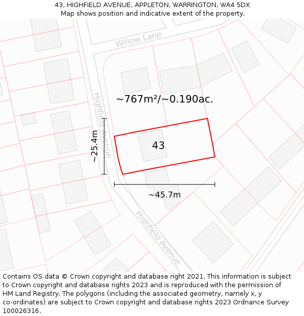 43, HIGHFIELD AVENUE, APPLETON, WARRINGTON, WA4 5DX: Plot and title map