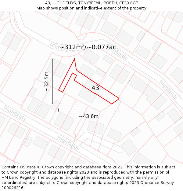 43, HIGHFIELDS, TONYREFAIL, PORTH, CF39 8GB: Plot and title map