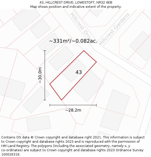 43, HILLCREST DRIVE, LOWESTOFT, NR32 4EB: Plot and title map