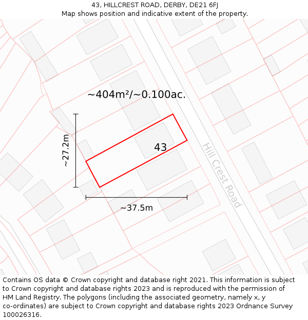 43, HILLCREST ROAD, DERBY, DE21 6FJ: Plot and title map