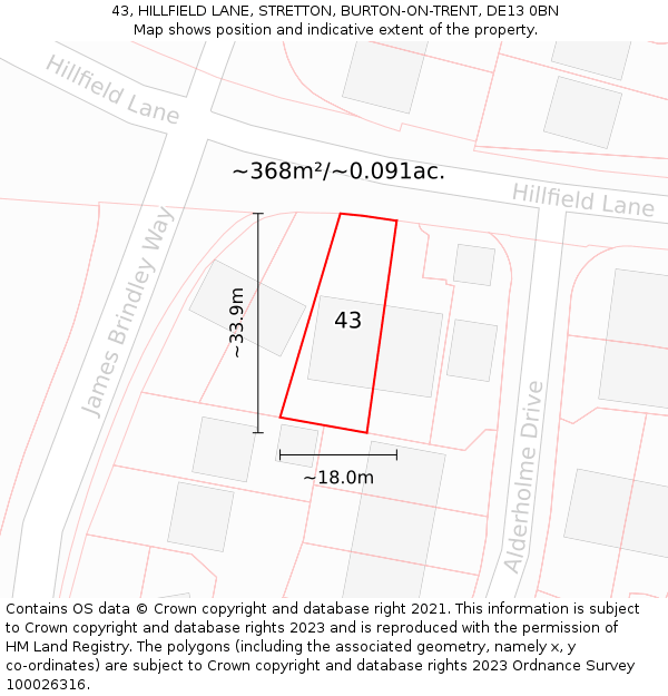 43, HILLFIELD LANE, STRETTON, BURTON-ON-TRENT, DE13 0BN: Plot and title map