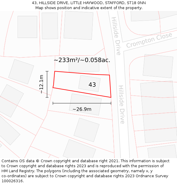 43, HILLSIDE DRIVE, LITTLE HAYWOOD, STAFFORD, ST18 0NN: Plot and title map