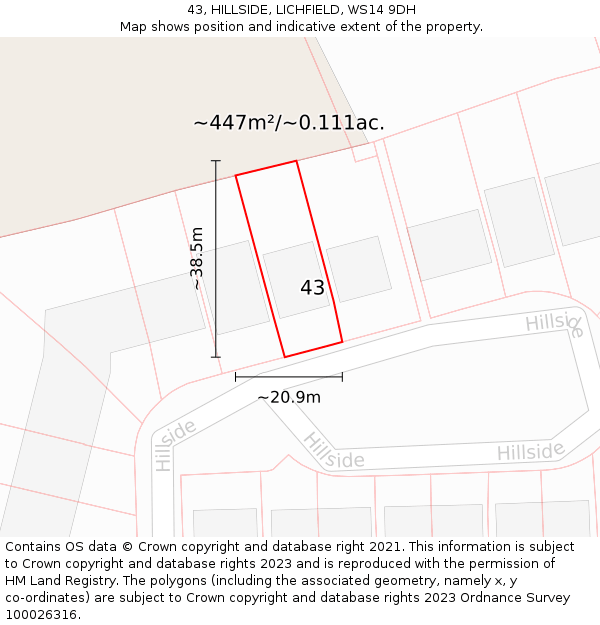 43, HILLSIDE, LICHFIELD, WS14 9DH: Plot and title map
