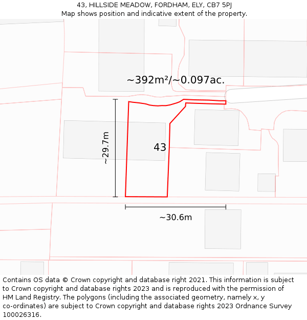 43, HILLSIDE MEADOW, FORDHAM, ELY, CB7 5PJ: Plot and title map