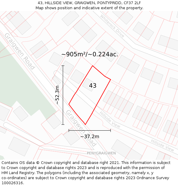 43, HILLSIDE VIEW, GRAIGWEN, PONTYPRIDD, CF37 2LF: Plot and title map