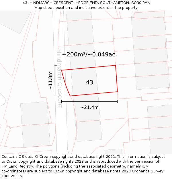 43, HINDMARCH CRESCENT, HEDGE END, SOUTHAMPTON, SO30 0AN: Plot and title map