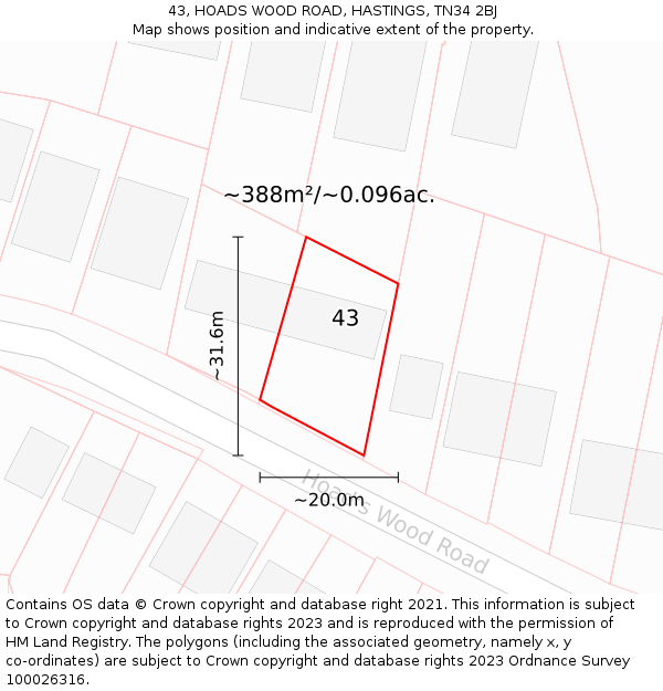 43, HOADS WOOD ROAD, HASTINGS, TN34 2BJ: Plot and title map