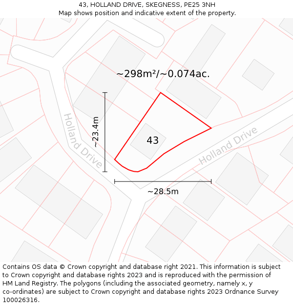 43, HOLLAND DRIVE, SKEGNESS, PE25 3NH: Plot and title map