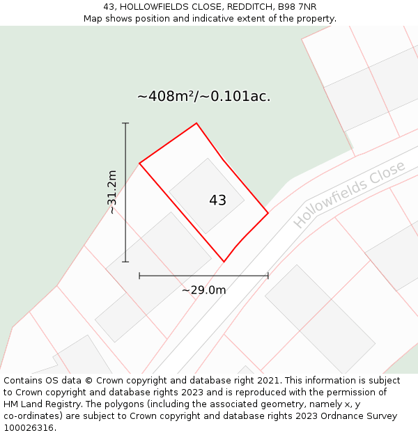 43, HOLLOWFIELDS CLOSE, REDDITCH, B98 7NR: Plot and title map