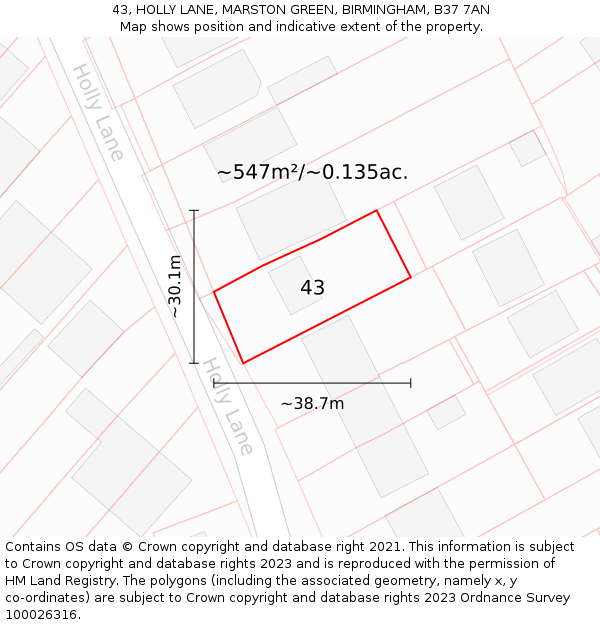 43, HOLLY LANE, MARSTON GREEN, BIRMINGHAM, B37 7AN: Plot and title map