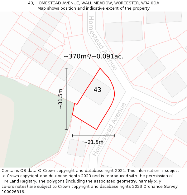 43, HOMESTEAD AVENUE, WALL MEADOW, WORCESTER, WR4 0DA: Plot and title map
