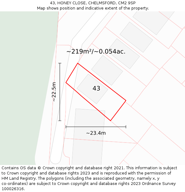 43, HONEY CLOSE, CHELMSFORD, CM2 9SP: Plot and title map
