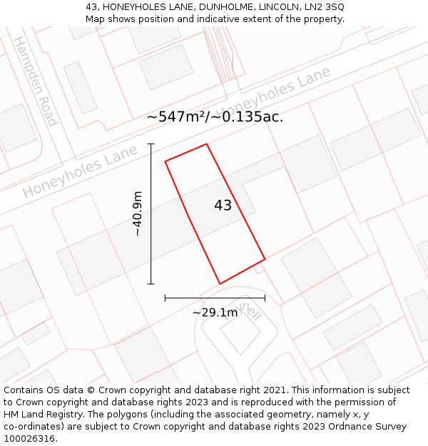 43, HONEYHOLES LANE, DUNHOLME, LINCOLN, LN2 3SQ: Plot and title map