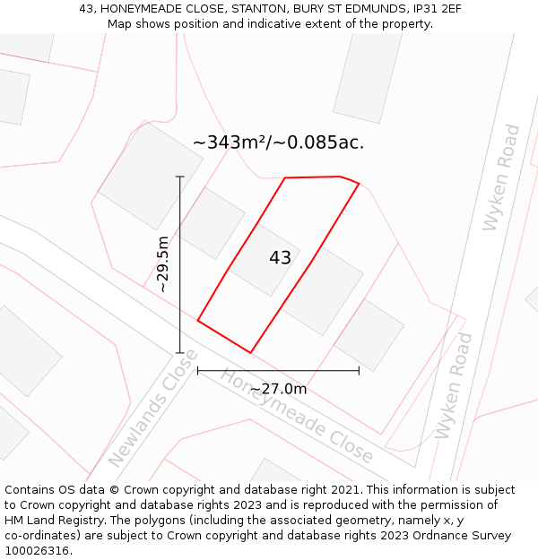 43, HONEYMEADE CLOSE, STANTON, BURY ST EDMUNDS, IP31 2EF: Plot and title map