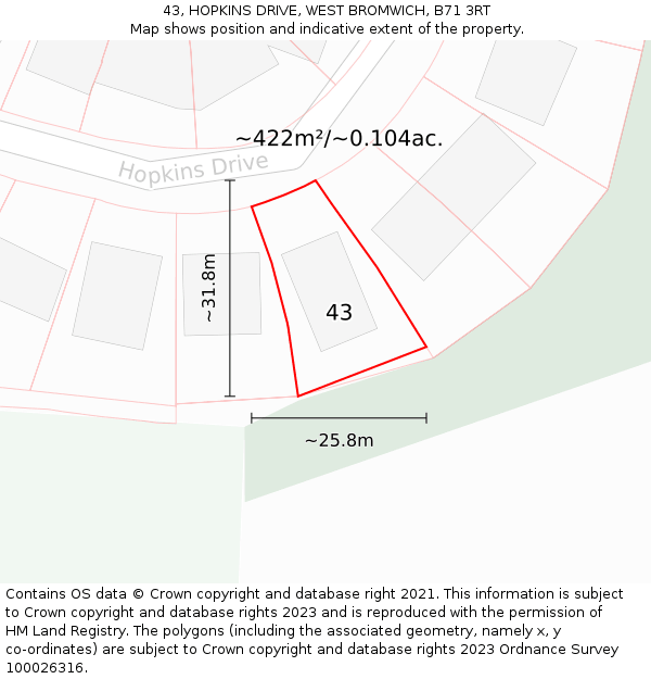 43, HOPKINS DRIVE, WEST BROMWICH, B71 3RT: Plot and title map