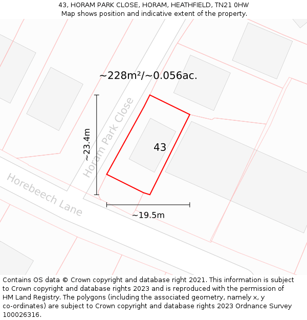 43, HORAM PARK CLOSE, HORAM, HEATHFIELD, TN21 0HW: Plot and title map