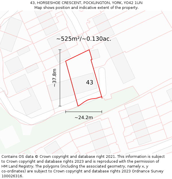 43, HORSESHOE CRESCENT, POCKLINGTON, YORK, YO42 1UN: Plot and title map