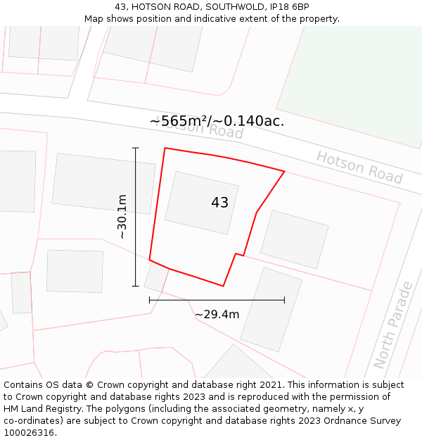 43, HOTSON ROAD, SOUTHWOLD, IP18 6BP: Plot and title map